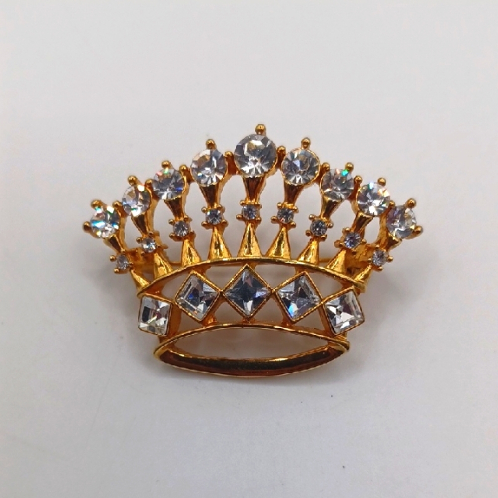 European Crown Brooch with Clear Rhinestone